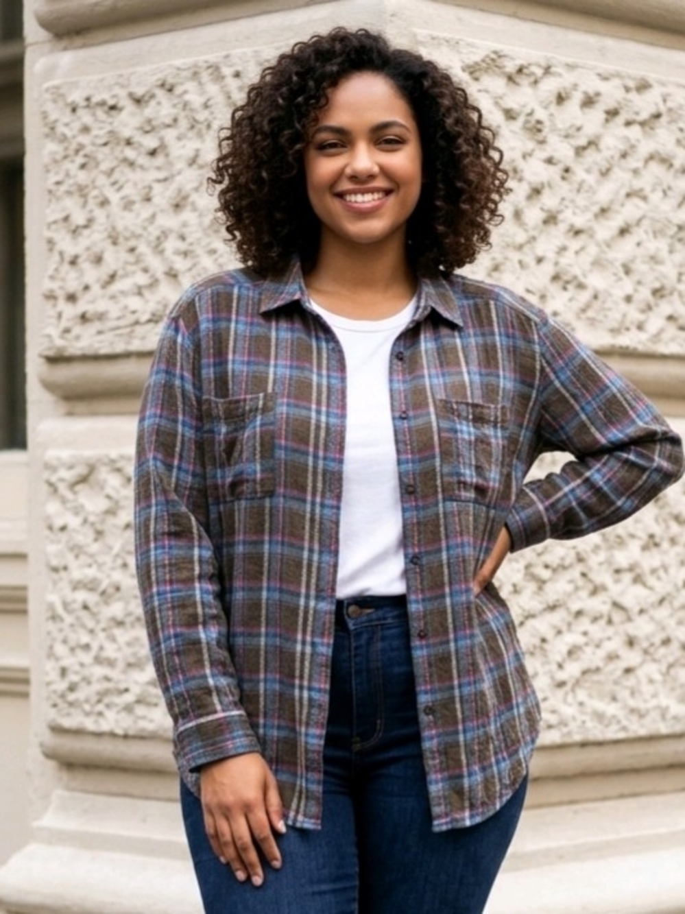 Anthropologie Pilcro Seamed Button-Down Tunic Olive Green W/Mult-Color Plaid XL
